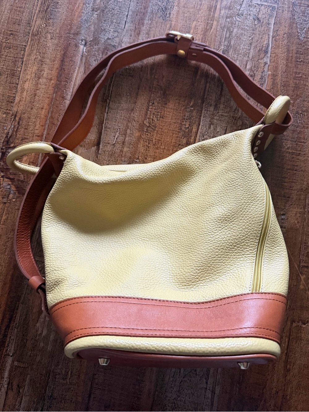 Valentina Italian pebbled leather convertible hobo bucket bag in pale yellow